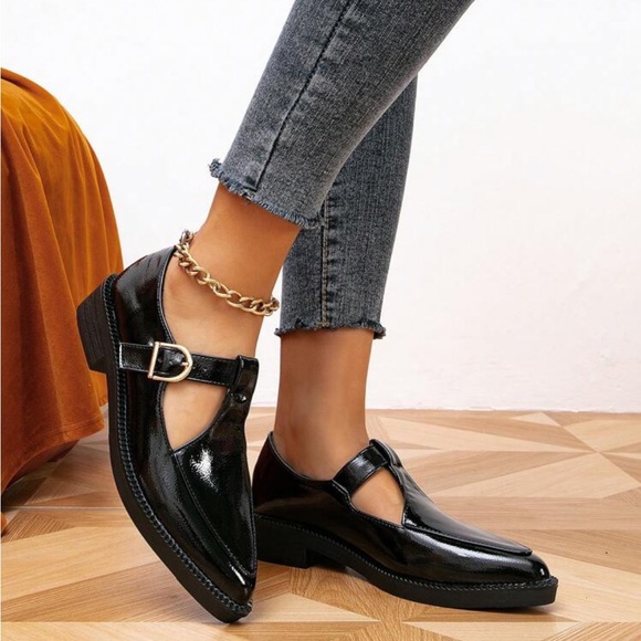 Women's Flat Chunky Heel Pointed Toe Brogue Loafers, Slip On Block Oxfords Shoes - Picture 3 of 13